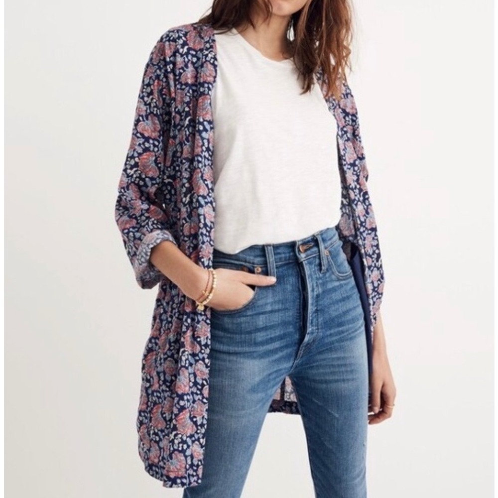 Madewell Womens Floral Paisley Cotton Open Front Kimono Cardigan Navy Pink L
